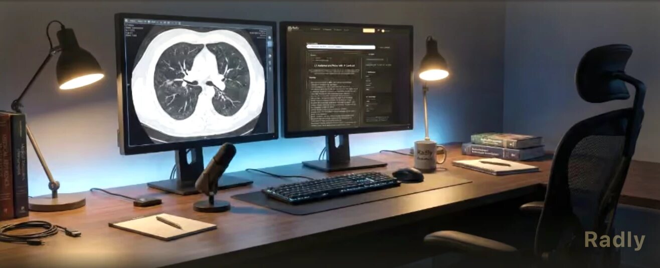 Escritorio de un radiólogo con una tomografía en una pantalla y un informe de Radly en la otra