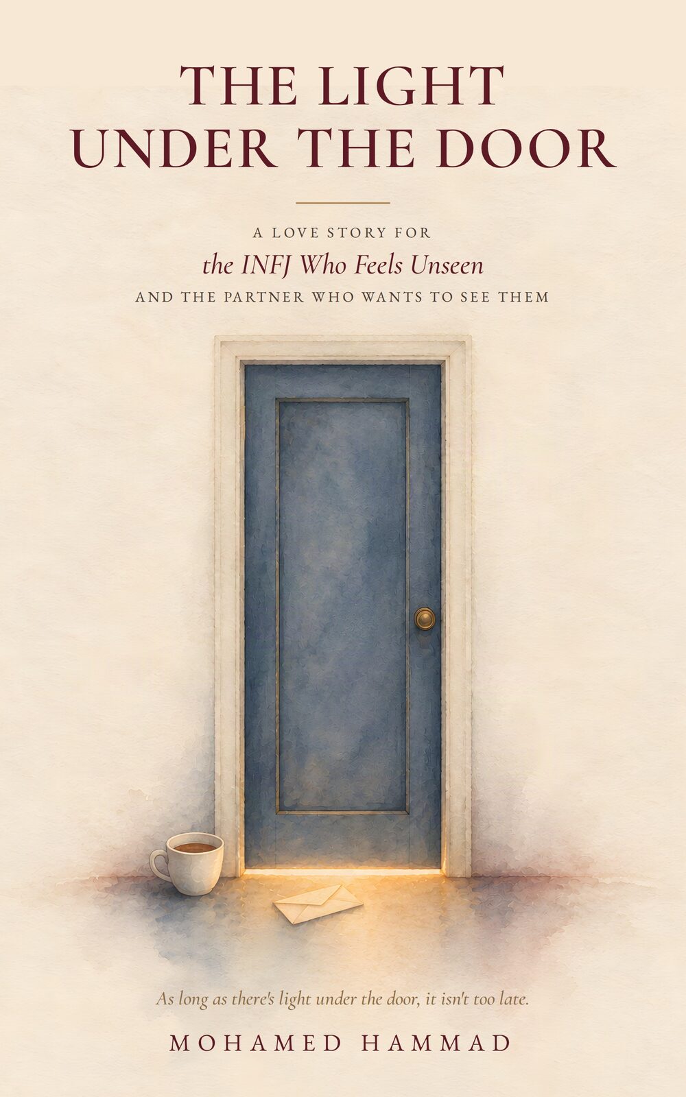 The Light Under the Door book cover: a closed blue door with warm light underneath